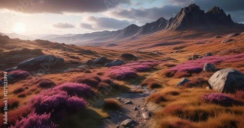 Dark moorland terrain with heather covered hills and rocky outcroppings, moors, textured landscape, mysterious