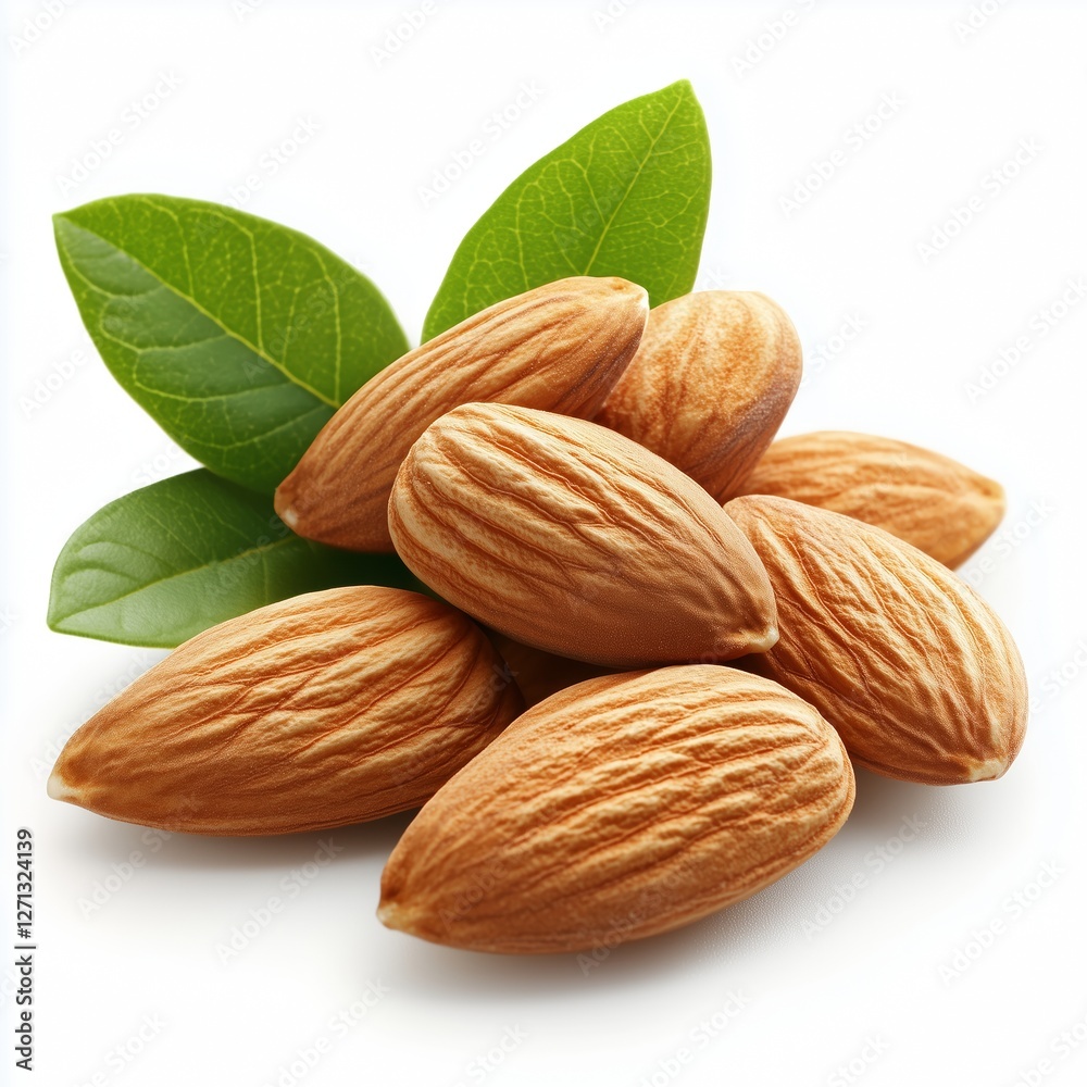 A close-up of fresh almonds brown textured surface green leaves pure white background soft shadows high-resolution ultra-realistic isolated product photography. A close-up of fresh almonds brown textured surface green leaves pure white background soft shadows high-resolution ultra-realistic isolated product photography.