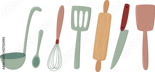 Set of kitchen utensils isolated on white background. Illustration with tools for cooking