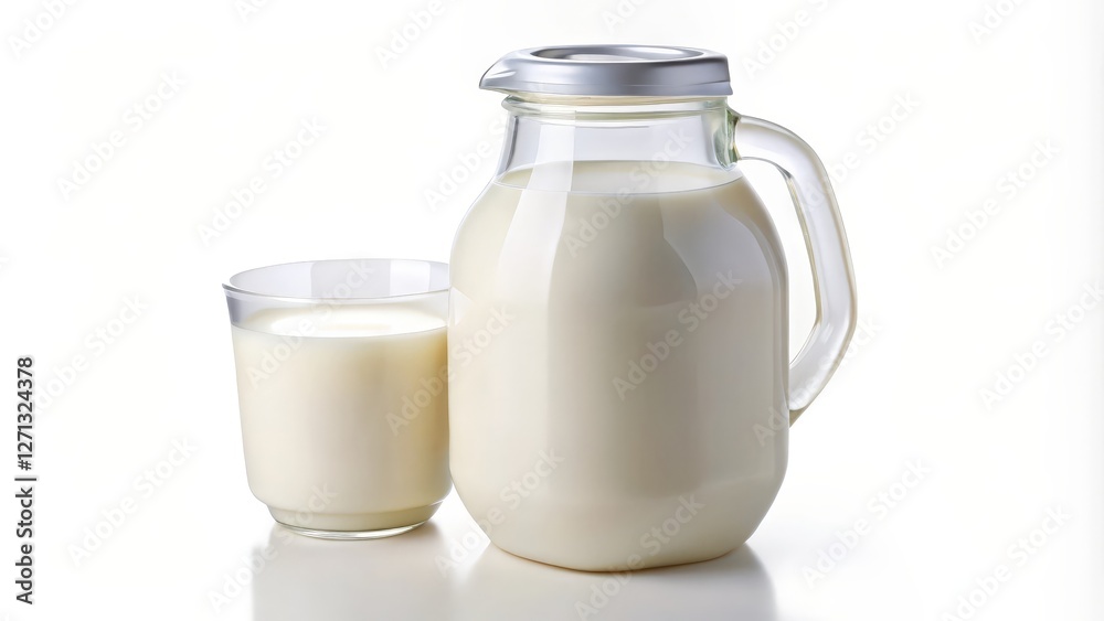 Milk in Pitcher and Glass on White Background Milk in Pitcher and Glass on White Background