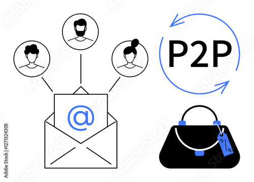 Envelope containing email with three user profiles, P2P label, and purse icon representing e-commerce. Ideal for networking, communication, social interaction, e-commerce, peer-to-peer platforms