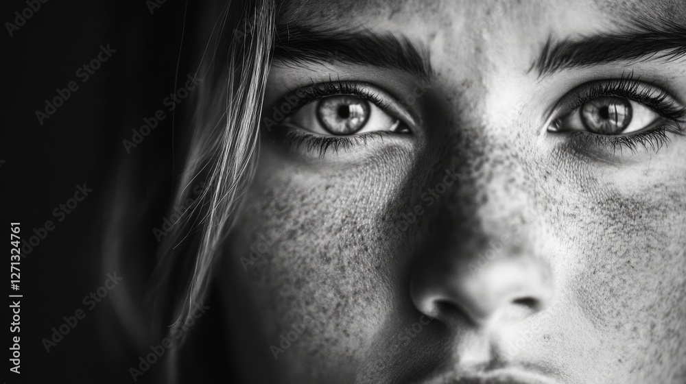 Obraz premium A black-and-white close-up portrait captures the soulful gaze of a freckled face, revealing depth and emotion in its eyes.