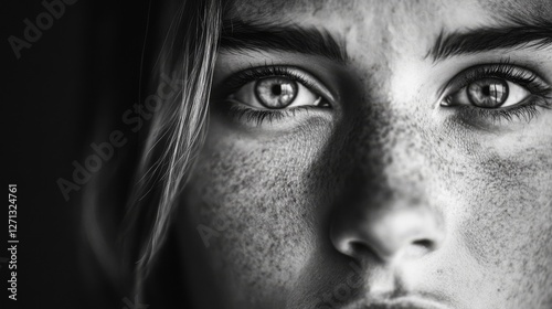 A black-and-white close-up portrait captures the soulful gaze of a freckled face, revealing depth and emotion in its eyes. photo