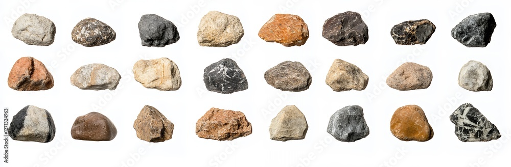 Collection of Textured Rocks in Various Colors and Sizes on a White Background Collection of Textured Rocks in Various Colors and Sizes on a White Background