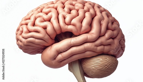 Detailed hi-res image human brain anatomy cerebrum, cerebellum, brainstem on white background. Complex neural networks, intricate structures. For neurology, neuroscience, medical training, science