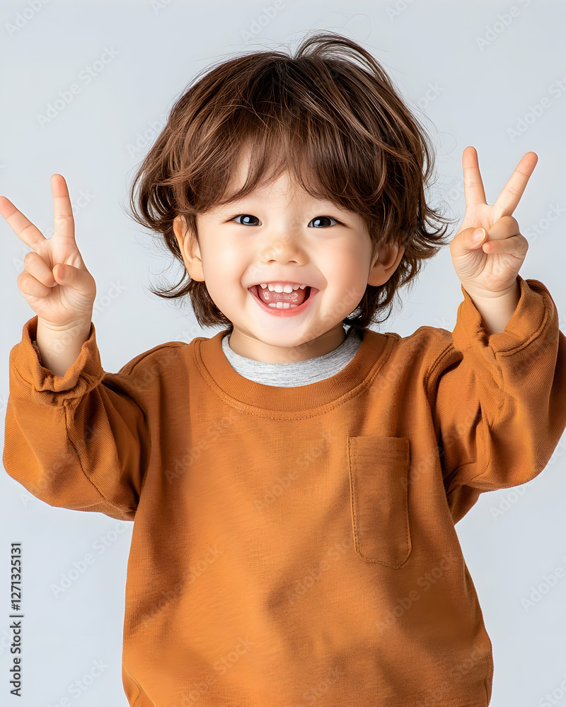 Happy toddler boy, peace signs, studio shot, light background, child portrait Happy toddler boy, peace signs, studio shot, light background, child portrait