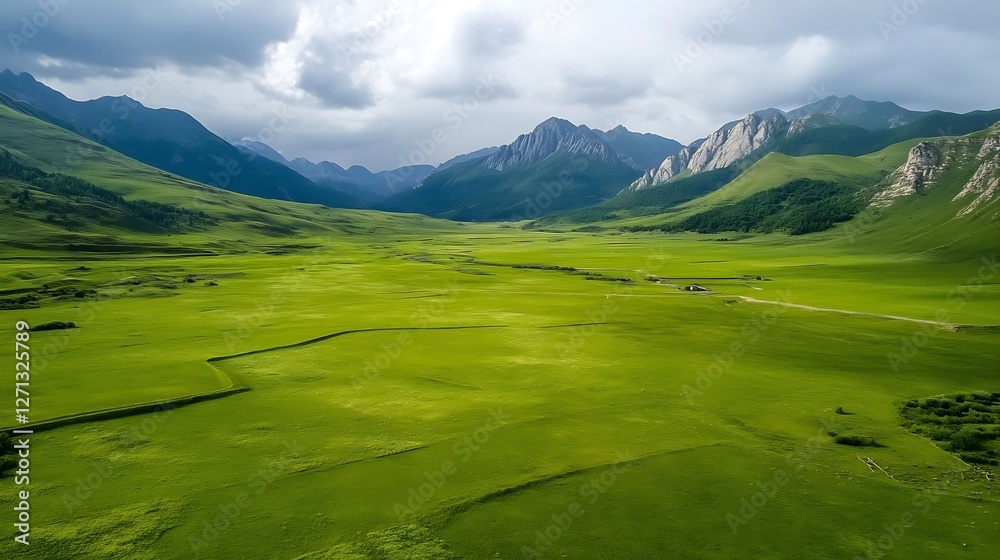 Breathtaking Aerial View of Lush Green Valley Surrounded by Majestic Mountains Under a Dramatic Sky : Generative AI Breathtaking Aerial View of Lush Green Valley Surrounded by Majestic Mountains Under a Dramatic Sky : Generative AI