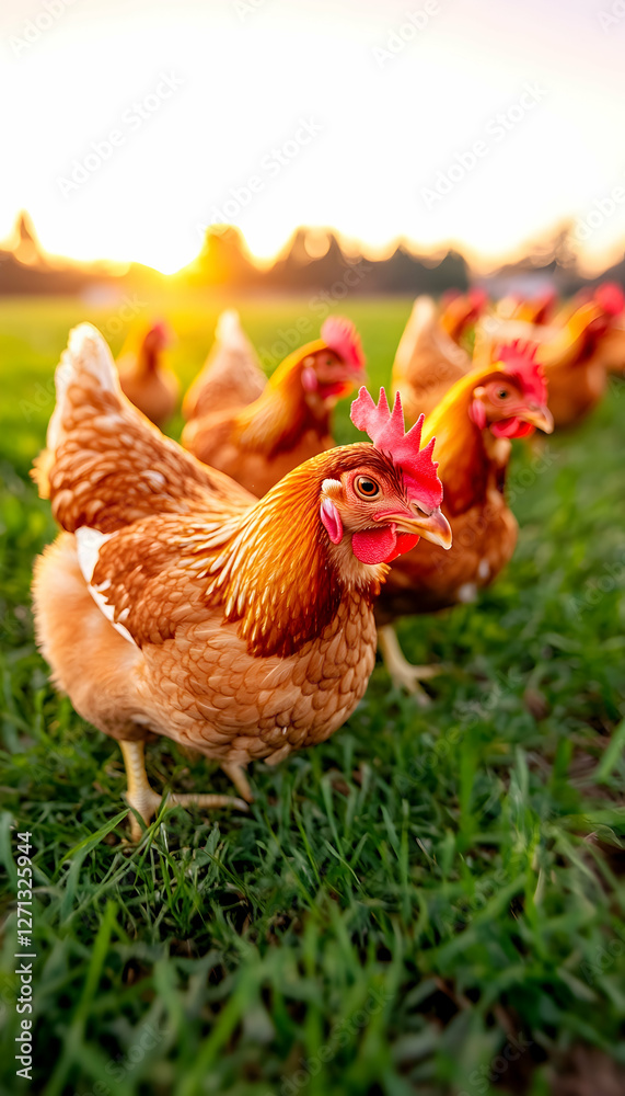 Fototapeta premium Hens graze pasture sunset farm
