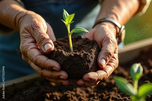 A close-up of an elderly man's hands transplanting seedlings, farming, growing crops.