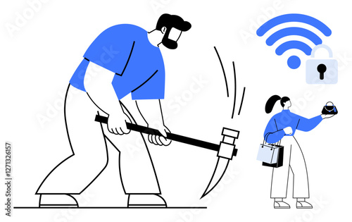 Man using a pickaxe, symbolizing hacking attempt. Woman holding security tools next to a locked wireless icon. Ideal for cybersecurity, data protection, online safety, privacy, digital security
