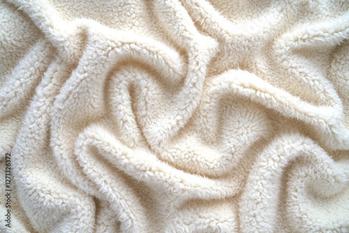Close-up of a soft, white sherpa fabric with swirling patterns, perfect for backgrounds, textures, and cozy, comfortable designs. The plush material offers warmth and invites relaxation.