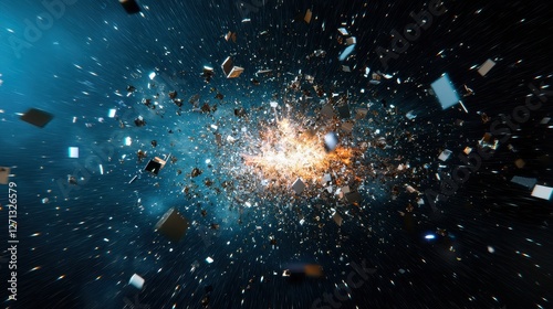 Large explosion scattering numerous pieces of shattered glass in various directions