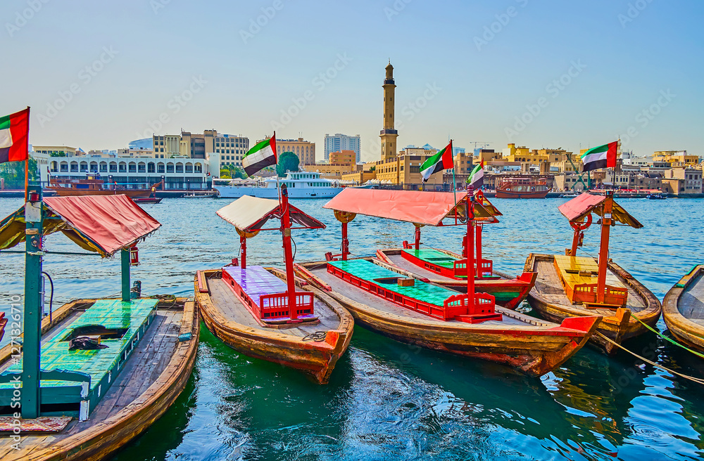 Old wooden abra boats, Dubai, UAE Old wooden abra boats, Dubai, UAE