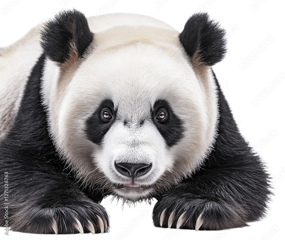 Naklejka premium A collection of giant panda images showcases the animal in various poses, including sitting, lying down, and walking, against a black background.