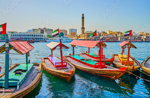 Obraz na płótnie Old wooden abra boats, Dubai, UAE w salonie