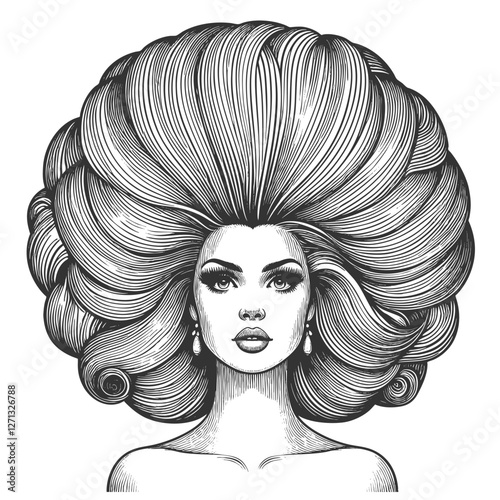 woman with an enormous, intricately curled hairstyle, blending surrealism, elegance, and vintage artistic style sketch engraving generative ai vector illustration. Scratch board. Black and white image