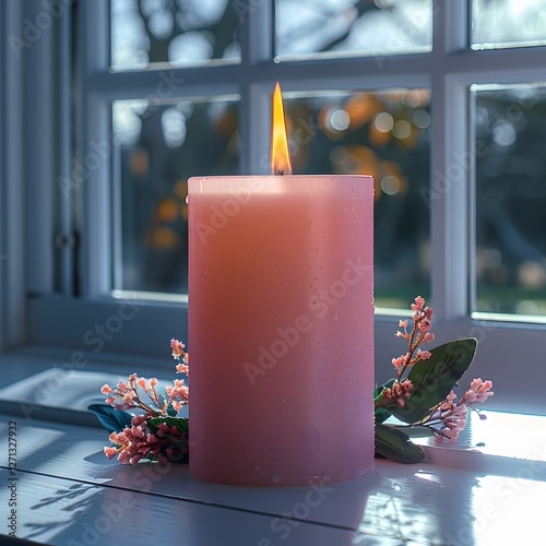 a single pastel pink candle placed in the center o caaaabbdde AI generated illustration photo