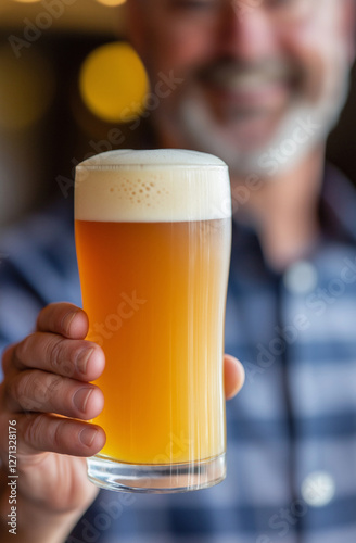 Smiling man offering a pint of hazy craft beer in a pub setting