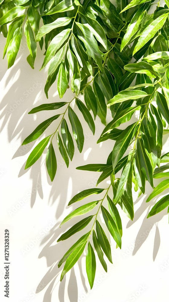 Lush green foliage casts shadows on white, nature backdrop Lush green foliage casts shadows on white, nature backdrop