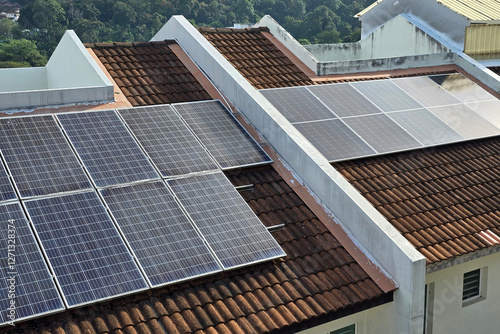 Solar panels installed on a residential rooftop for renewable energy and sustainable living.