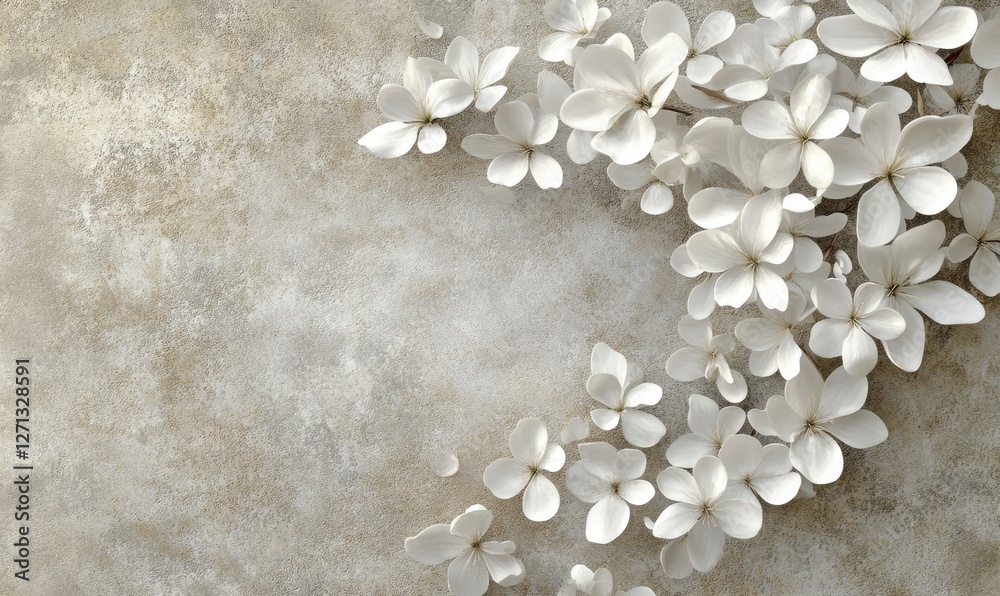 Elegant arrangement of white flowers on a textured beige background, perfect for invitations Elegant arrangement of white flowers on a textured beige background, perfect for invitations