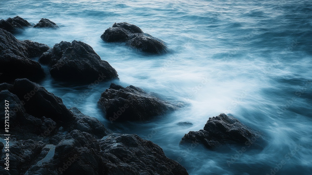 Fototapeta premium Soft waves caress dark, rugged rocks on a quiet shore, capturing the harmony and gentle persistence of nature under a moody sky.