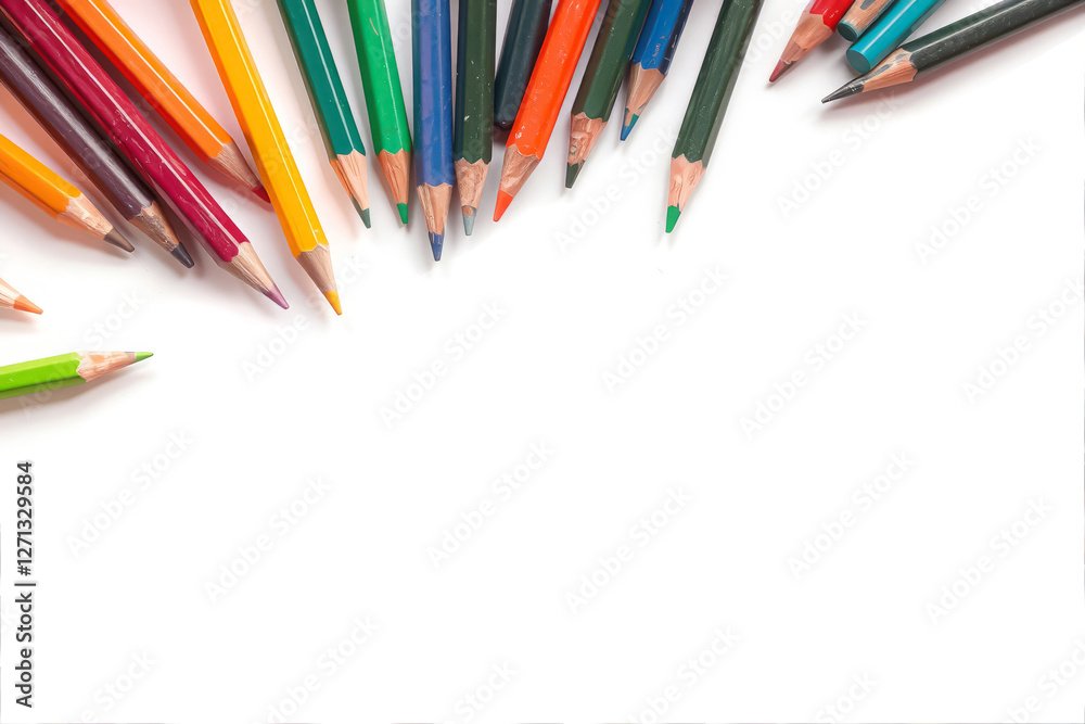 Obraz premium Multi-colored pencils on a white background. Drawing, notes, writing.