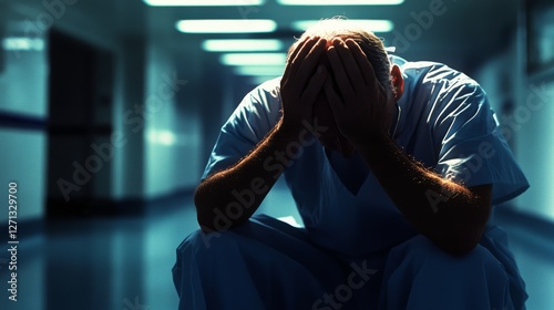 A weary medical professional in scrubs sits despondently in a dim hospital corridor, capturing exhaustion and emotional burden in a quiet moment. photo