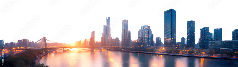 Fototapeta premium a stunning cityscape at sunset, with tall skyscrapers reflected in the calm water of a river