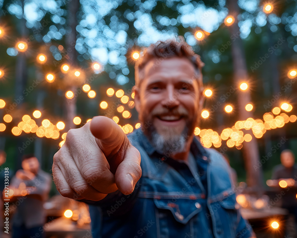 Obraz premium Man points at camera, evening party, forest lights