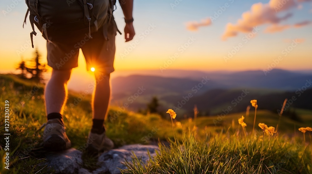 Fototapeta premium A hiker walking through lush green fields at sunset with vibrant colors and a breathtaking view of distant hills : Generative AI