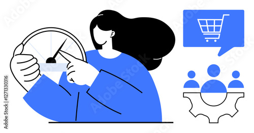 Woman adjusting speedometer gauge, hinting at control or prioritization, accompanied by shopping cart icon and teamwork symbol. Ideal for business strategy, ecommerce, project management, teamwork