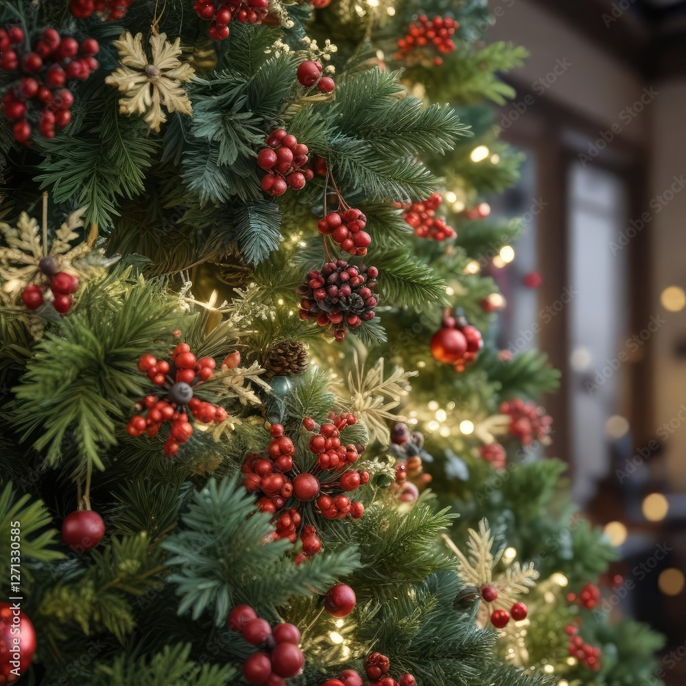 elegant evergreen garland adorned with snowflakes and berries on a beautifully decorated Christmas tree, holiday decor, christmas season elegant evergreen garland adorned with snowflakes and berries on a beautifully decorated Christmas tree, holiday decor, christmas season