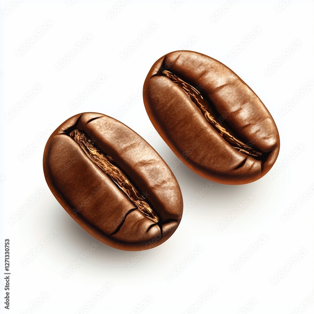 Fototapeta premium Realistic illustration of roasted coffee beans with cracks, rich brown color, detailed texture, and natural shadows on a clean white background.