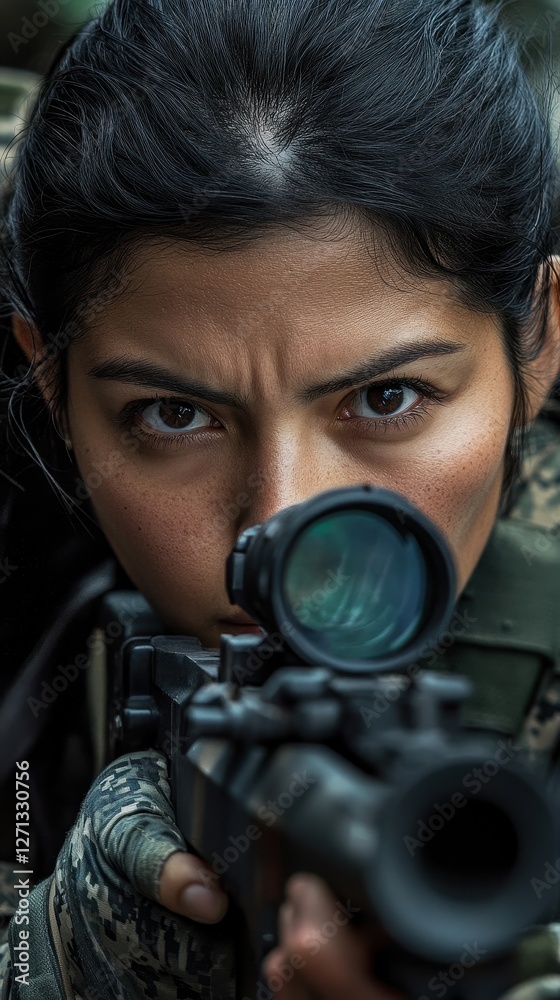 Female soldier focuses intently while training with a rifle, showcasing determination and skill Female soldier focuses intently while training with a rifle, showcasing determination and skill