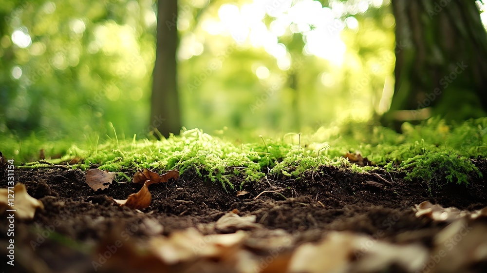 Nature's lush greenery with moss and fallen leaves in a sunlit forest environment : Generative AI Nature's lush greenery with moss and fallen leaves in a sunlit forest environment : Generative AI