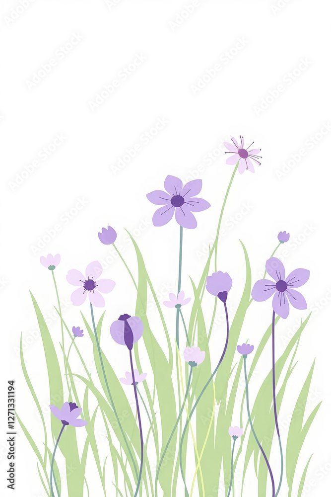 Minimalist Vertical Illustration of Lilac Wildflowers on White – Elegant Floral Composition Minimalist Vertical Illustration of Lilac Wildflowers on White – Elegant Floral Composition