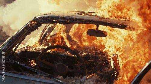 Car engulfed in flames, a scene of chaos and destruction, highlighting the power and unpredictability of fire. photo