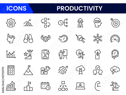 Productivity and efficiency. Outline icon collection. Linear business and leader symbols. Vector illustration.