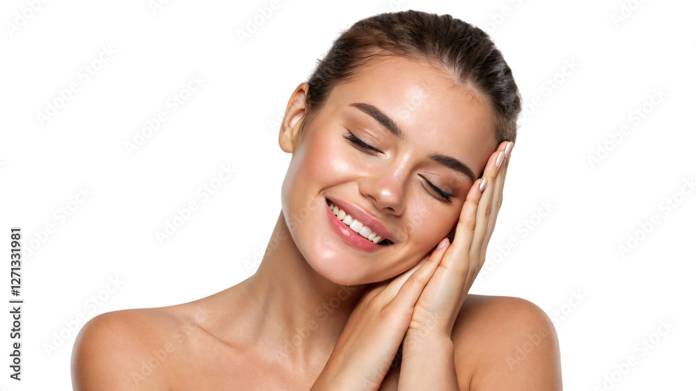 A smiling brunette woman with clean, healthy skin enjoys a natural treatment A smiling brunette woman with clean, healthy skin enjoys a natural treatment