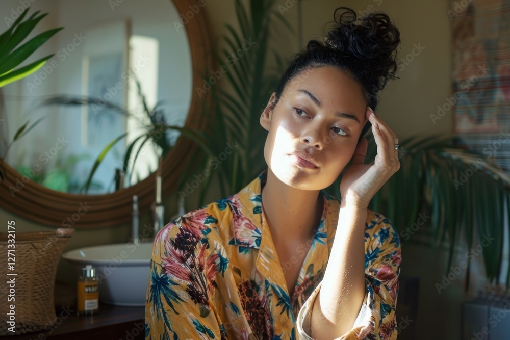 Samoan woman doing skincare routine adult contemplation relaxation. Samoan woman doing skincare routine adult contemplation relaxation.