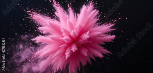 A vibrant pink powder explosion bursts against a dark background, with delicate dust particles forming a dynamic and artistic spherical visual effect.