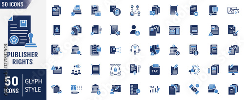 Publisher rights flat icon set. Containing as copyright, license, publisher, intellectual property, plagiarism and more. Vector illustration