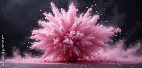 Pink powder explosion on a dark background with fine dust particles creating a dynamic and artistic visual effect in a spherical shape