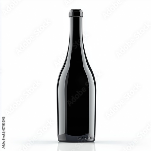 A sleek elegant black wine bottle smooth glossy surface minimalist design black foil capsule no label front-facing pure white background.