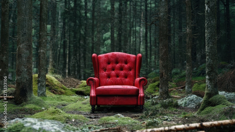 Red armchair in the middle of the forest.Generative AI Red armchair in the middle of the forest.Generative AI
