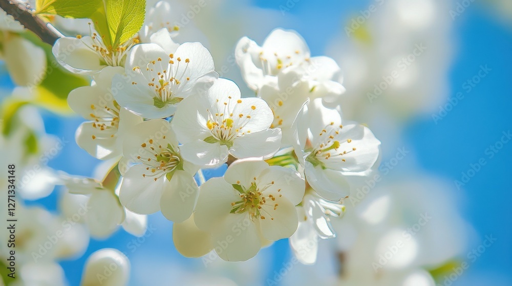 Close-up of white blossoms on a spring pear tree with a blue sky background Close-up of white blossoms on a spring pear tree with a blue sky background