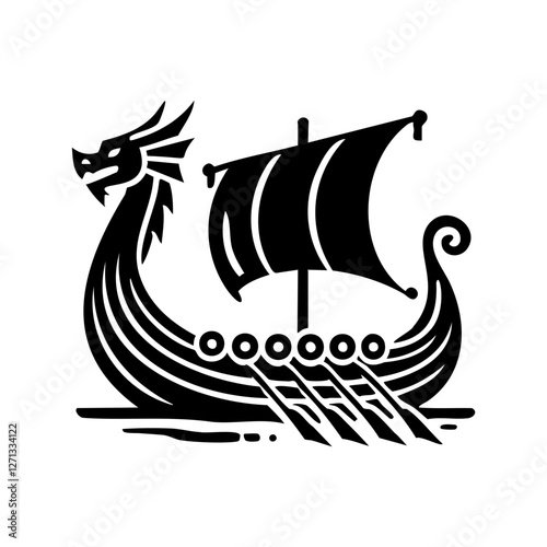 Black and White Viking Longship Illustration