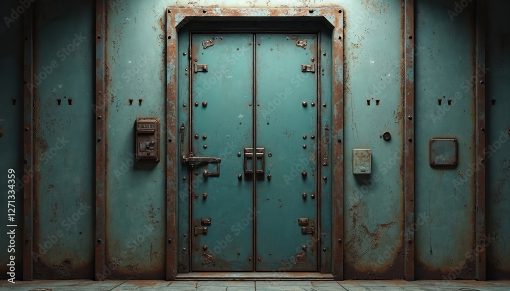 Naklejka premium Futuristic sci-fi metal door in aged industrial interior with rust texture. Old lock and handle with grunge paint on building. Iron, steel architecture with antique design offers vintage aesthetic.