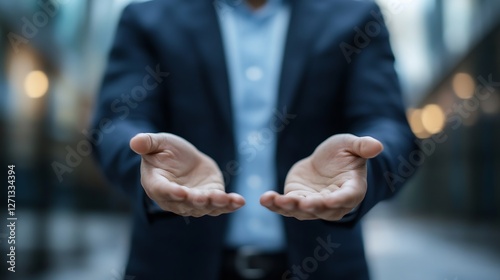 Businessman Extending Hands for Engagement in a Dimly Lit Urban Environment : Generative AI photo